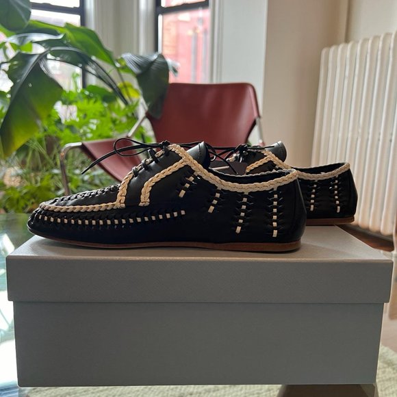 Prada Black/White woven Lace-Up Loafer Moccasins *New with Tags* - Picture 2 of 9